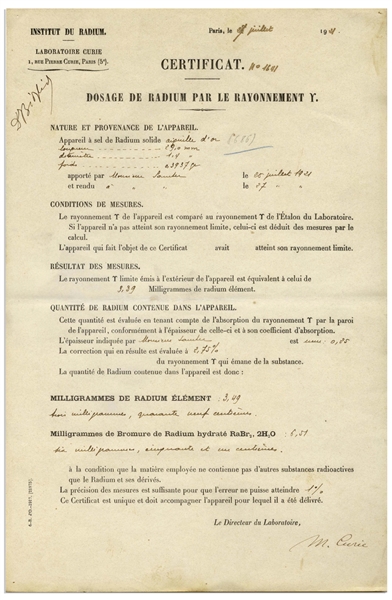 Marie Curie Signed Document From Her ''Institut du Radium'' Laboratory -- Curie Signs Off on an Experiment in Her Lab